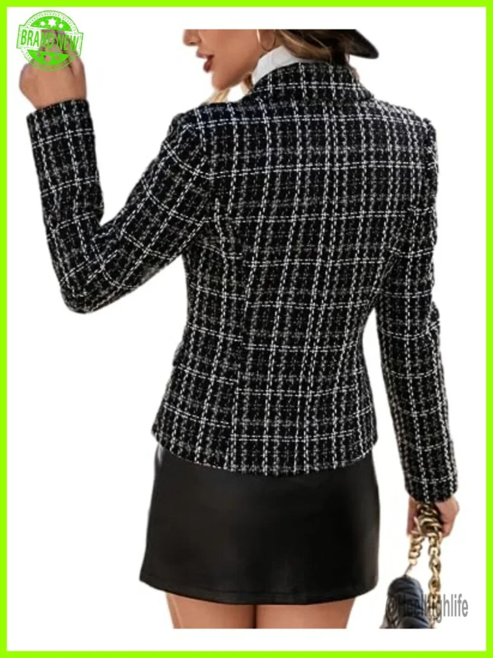Plaid Tweed Blazer Jacket Double Breasted Slim Fit with Pockets Work Blazer